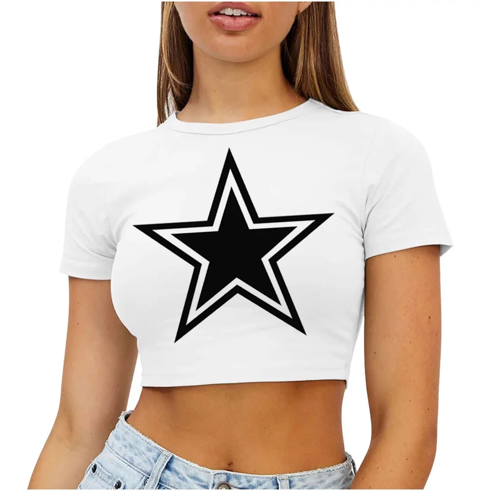 Broadcloth Graphic Print Crew Neck Crop Top