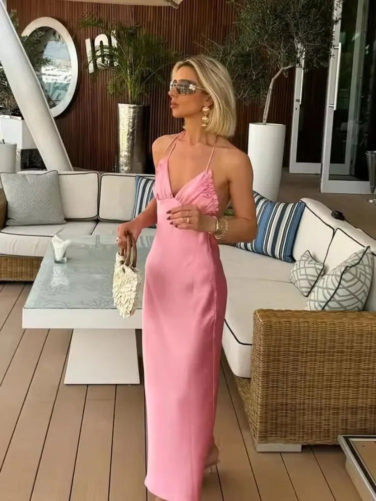 Pink Satin V-Neck Halter Dress