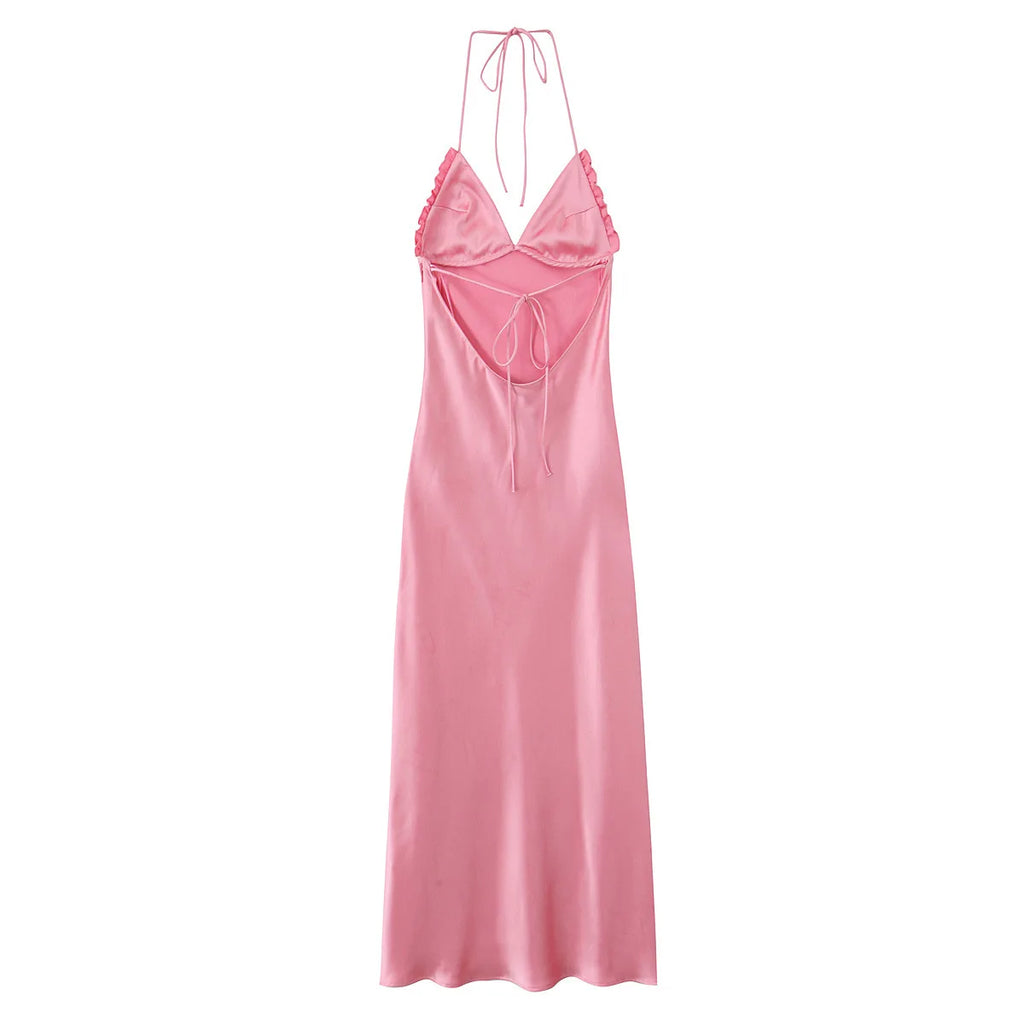 Pink Satin V-Neck Halter Dress