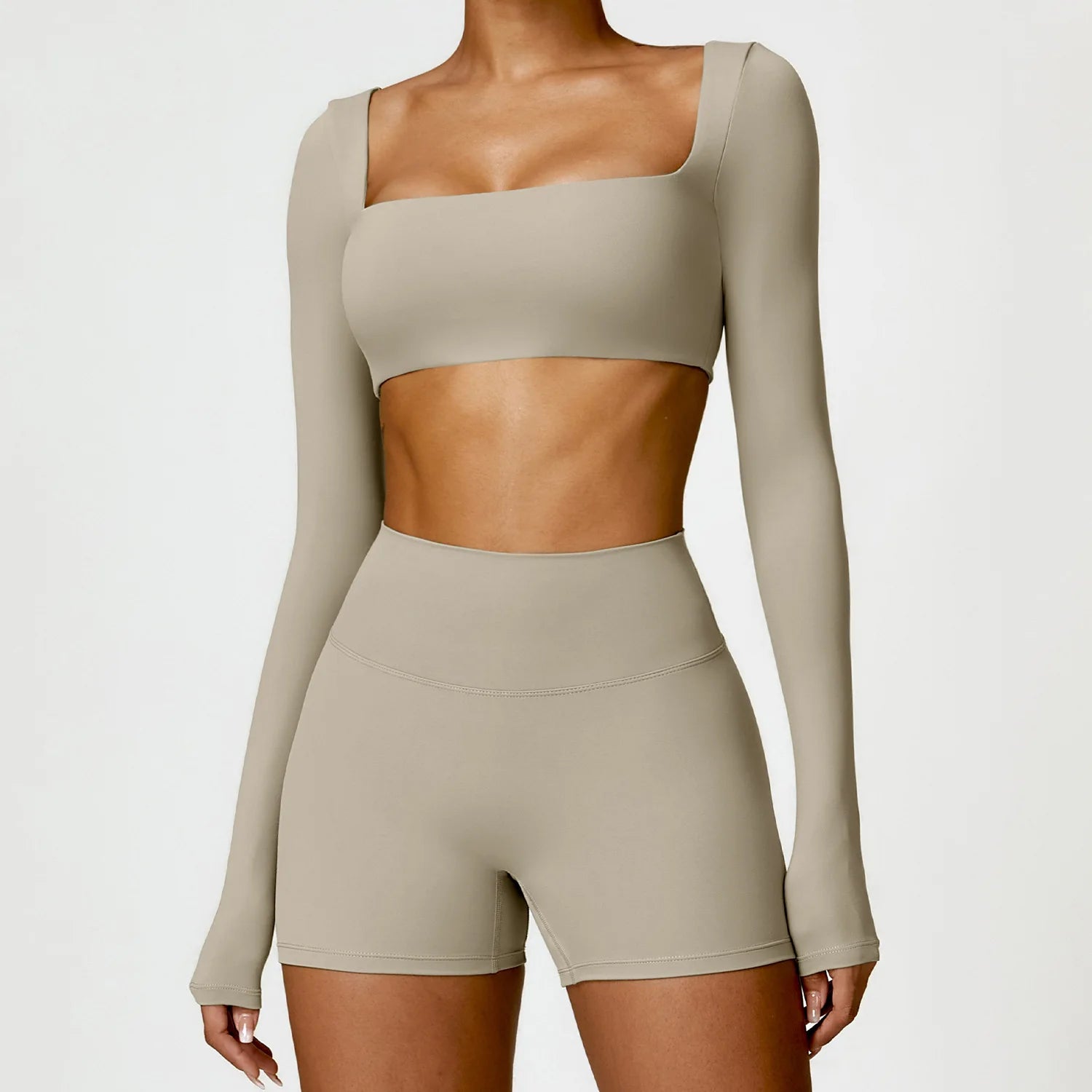 Nylon Solid Long Sleeve Two-Piece Yoga Set