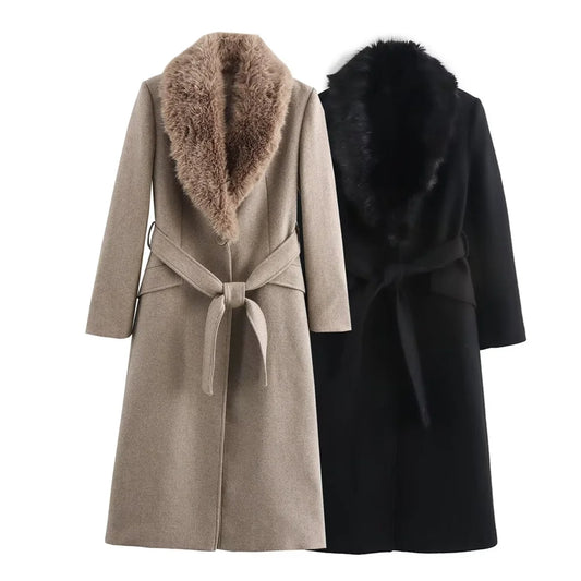 Women’s Belted Coat with Fur Collar