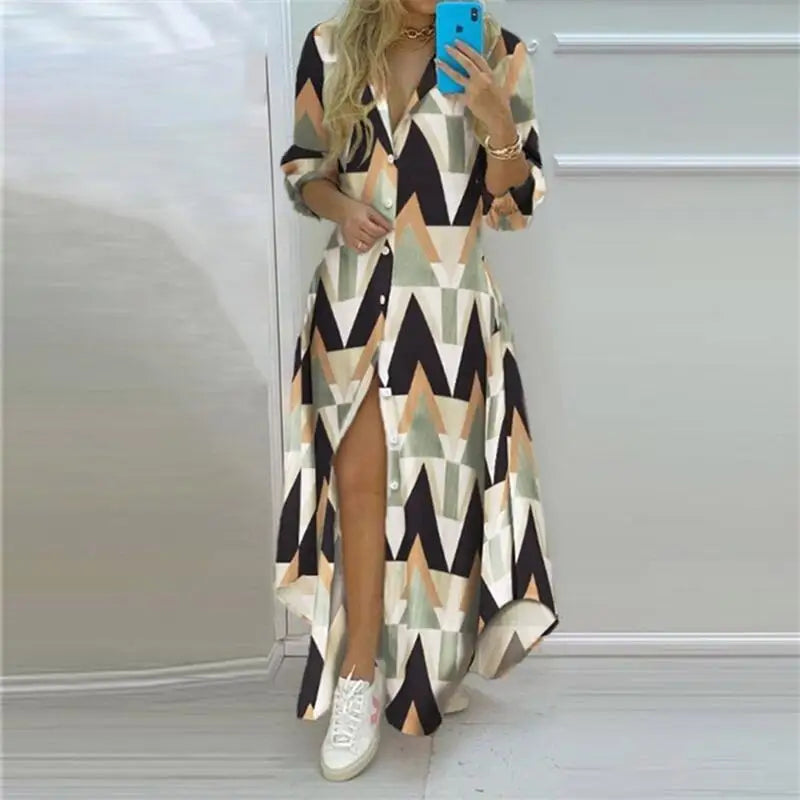 Elegant Printed Long Shirt Dress