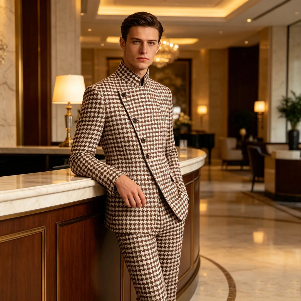 Houndstooth Mandarin-Collar Slim Suit