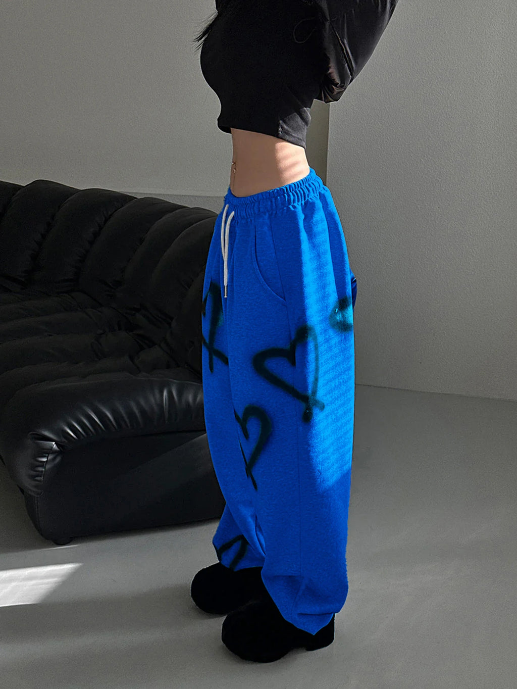 Heart Print Drawstring Wide-Leg Sweatpants
