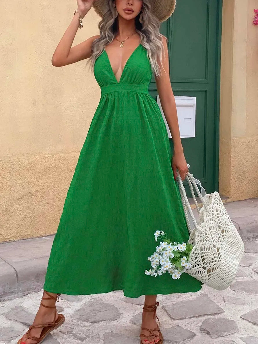 Solid Deep V-Neck Maxi Dress