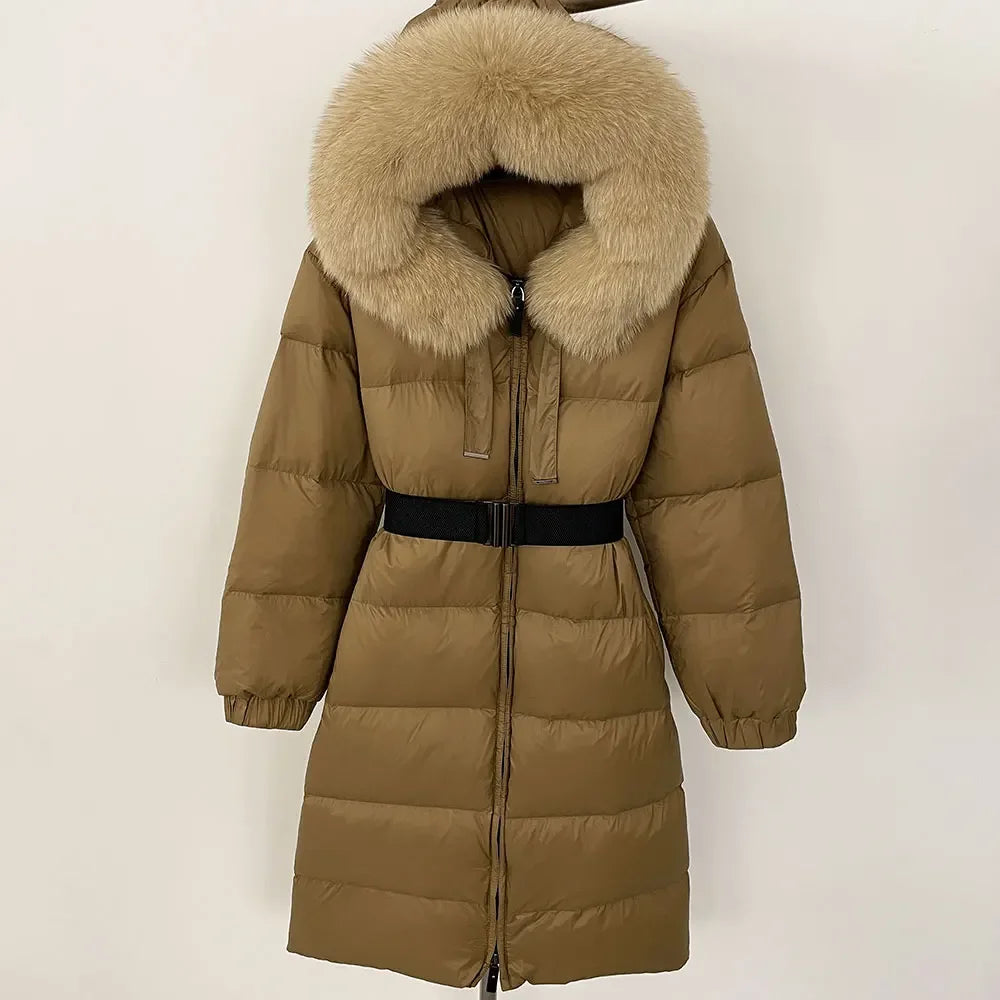 Women’s White Duck Down Puffer Coat with Real Fur Hood