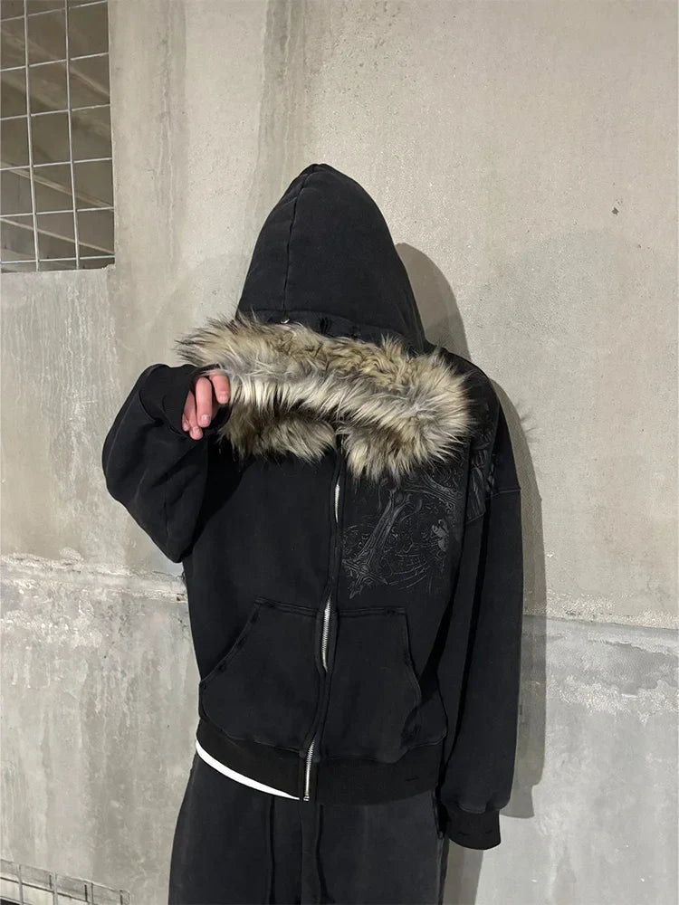 Y2K Graphic Fur Hoodie