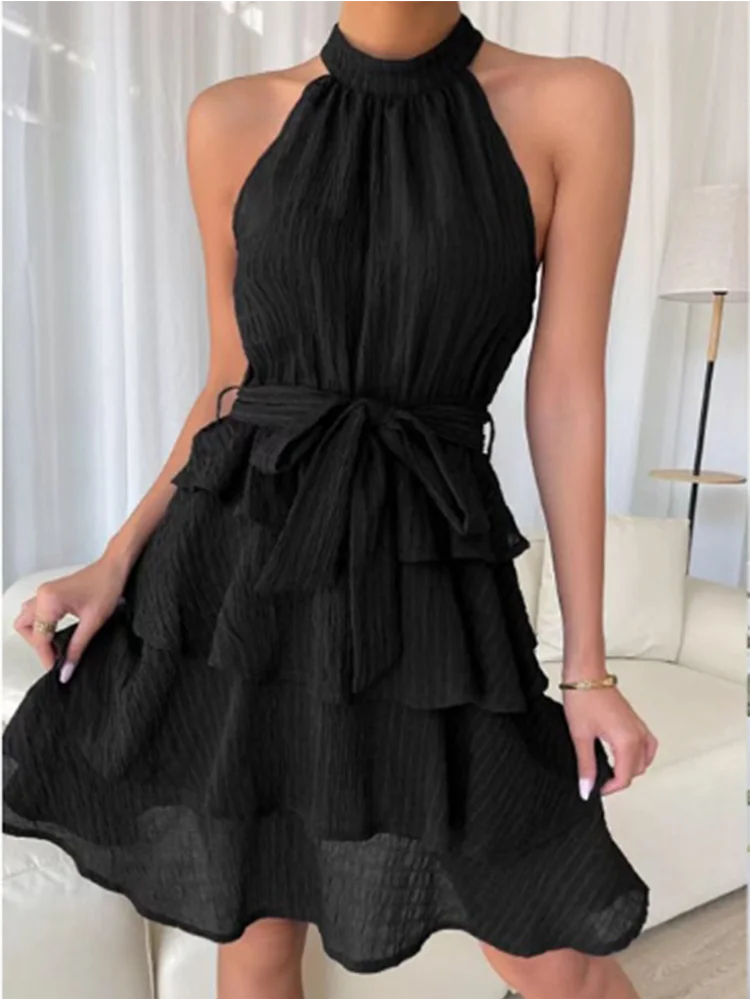 Stylish Sleeveless Shoulder Multi-Layered Ruffle Dress