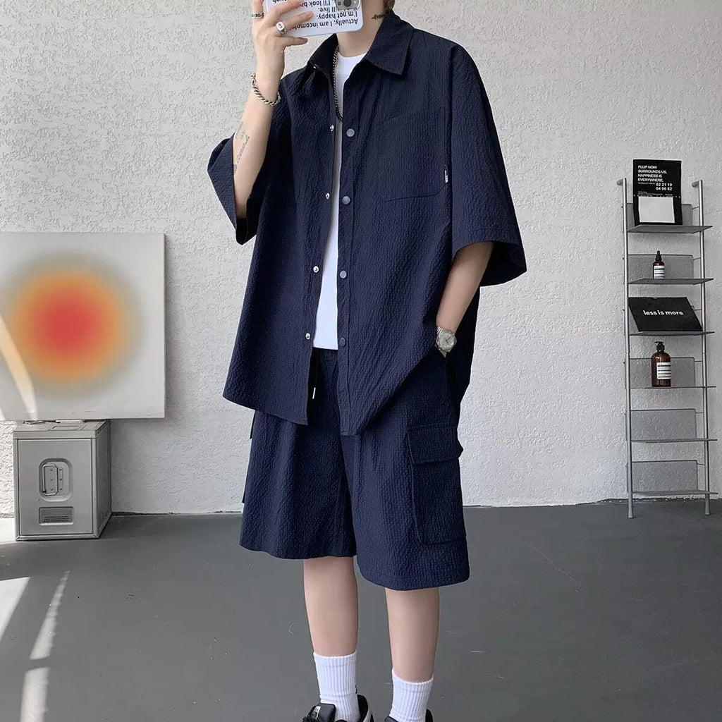 Ice Silk Shirt Shorts Korean Set