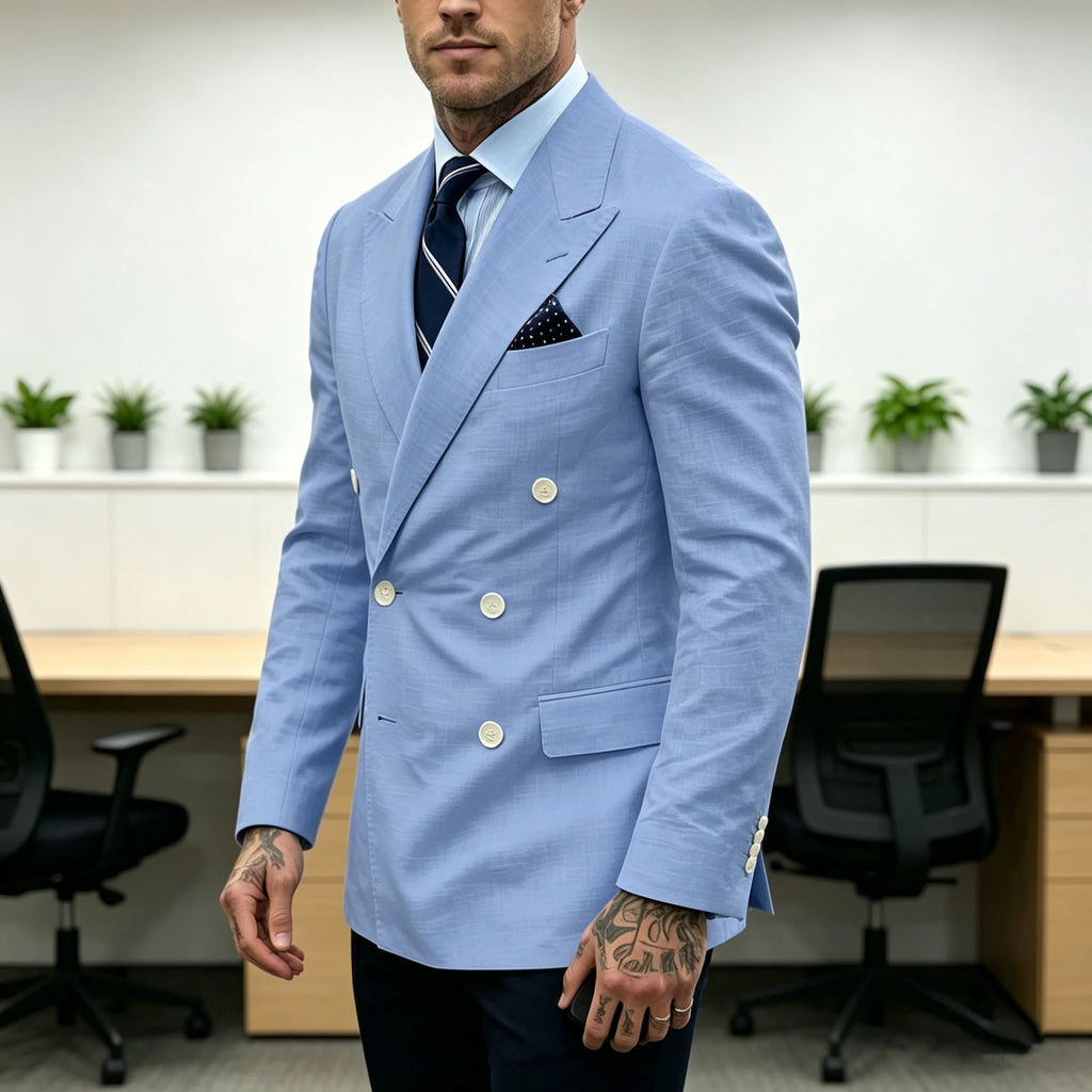 Linen Double-Breasted Slim Tuxedo Blazer