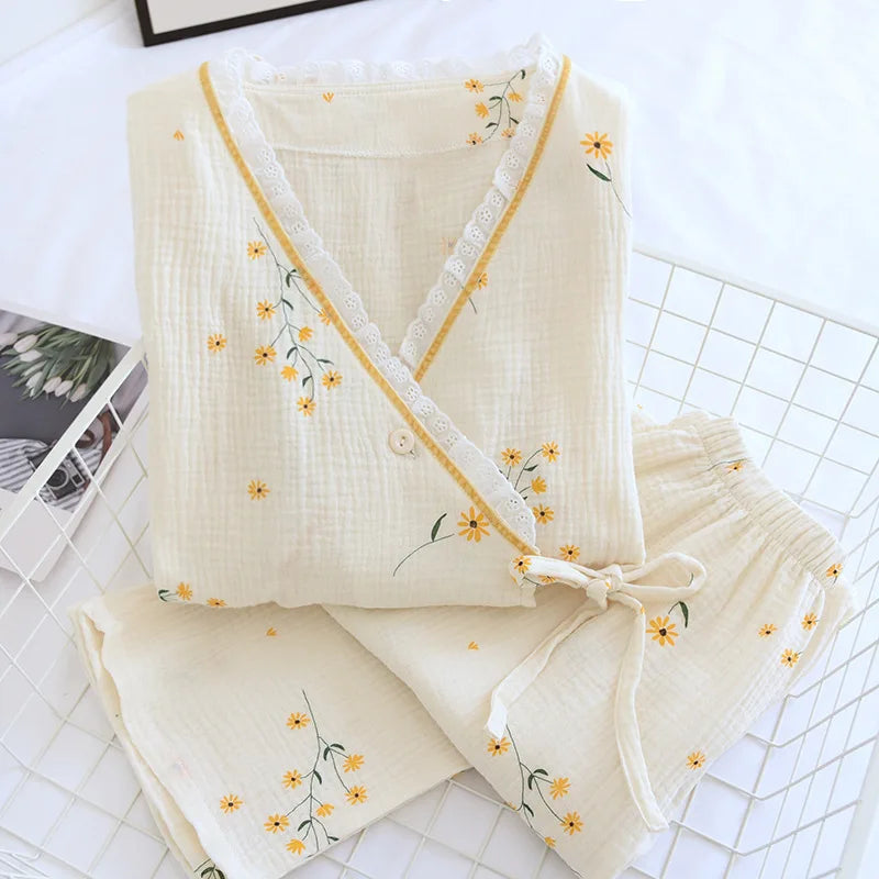 Floral Cotton Kimono Pajama Set