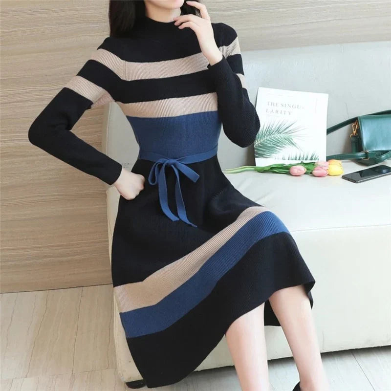 Autumn Winter Elegant Striped Sweater Dress