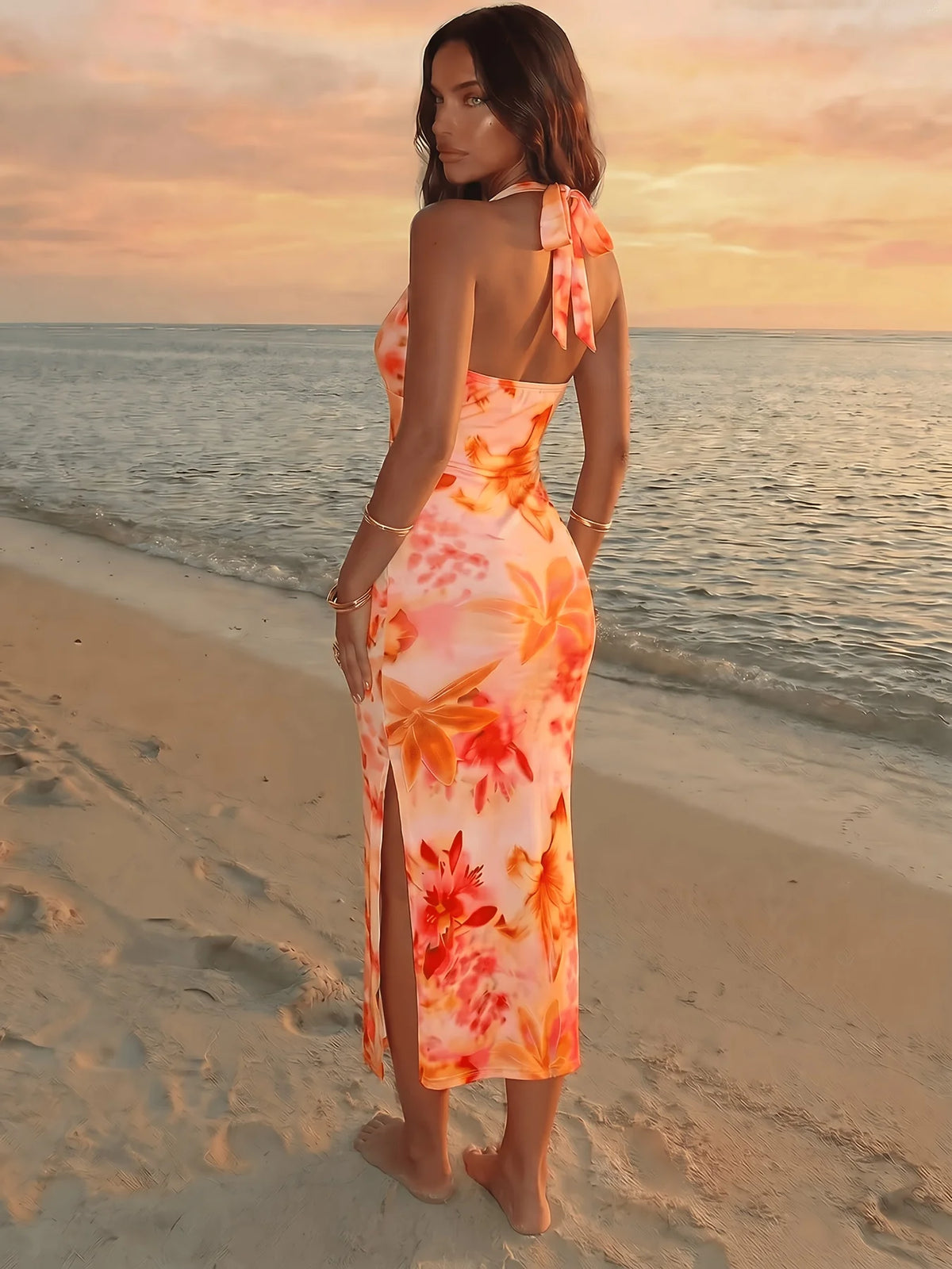 Gradient Lily Print Halter Dress