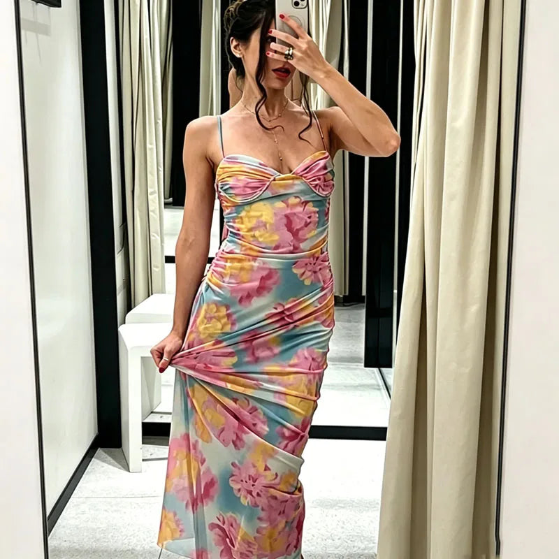 Floral Mesh Pleated Slip Dress