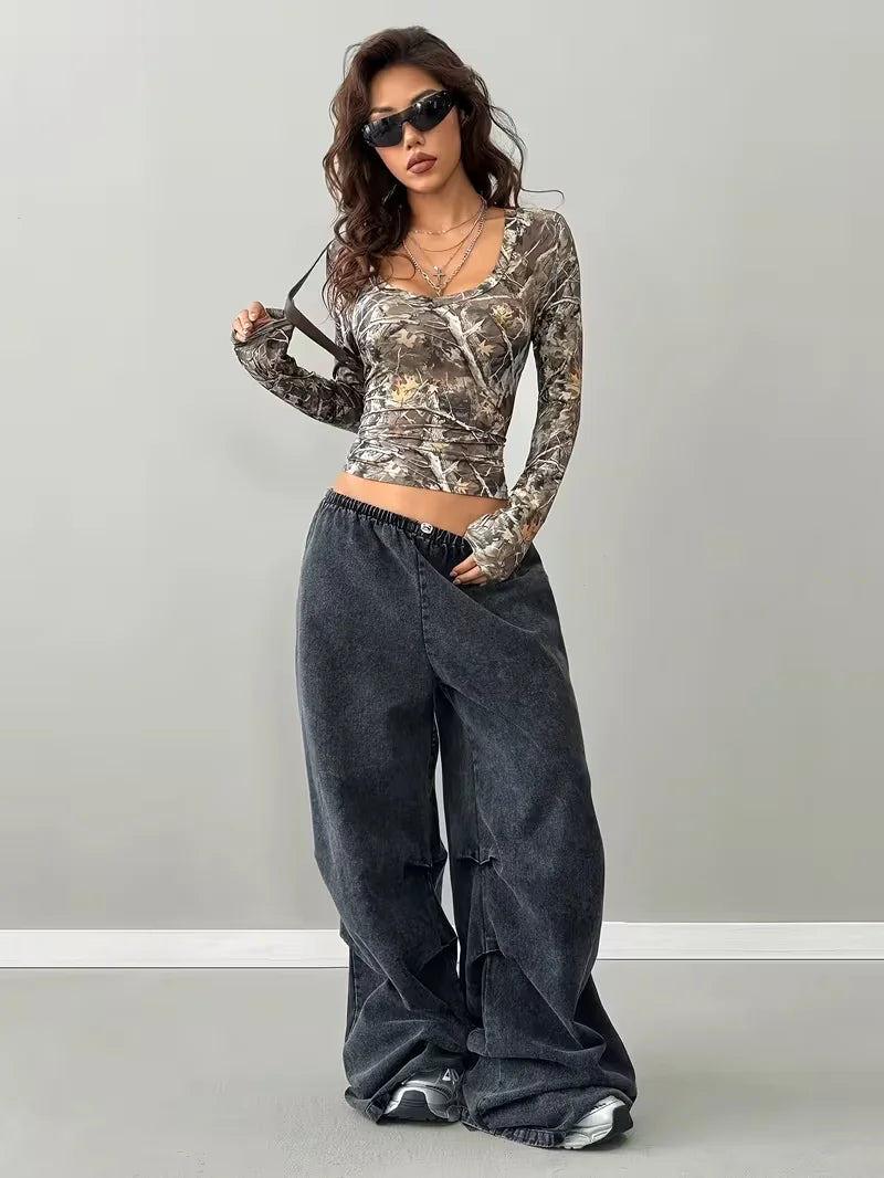 Polyester Botanical Print Long Sleeve Crop Top