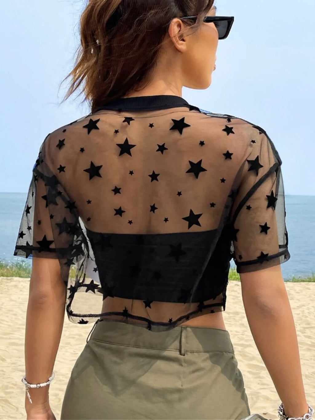 Heart Print Sheer Mesh Crop Top