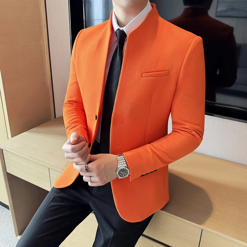 Waffle Stand-Collar Slim Suit Jacket