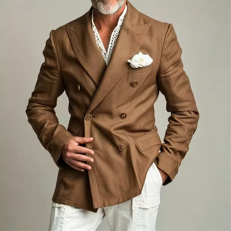Linen Peak-Lapel Double-Breasted Blazer