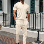 Waffle Zipper Polo Shirt Trousers Set