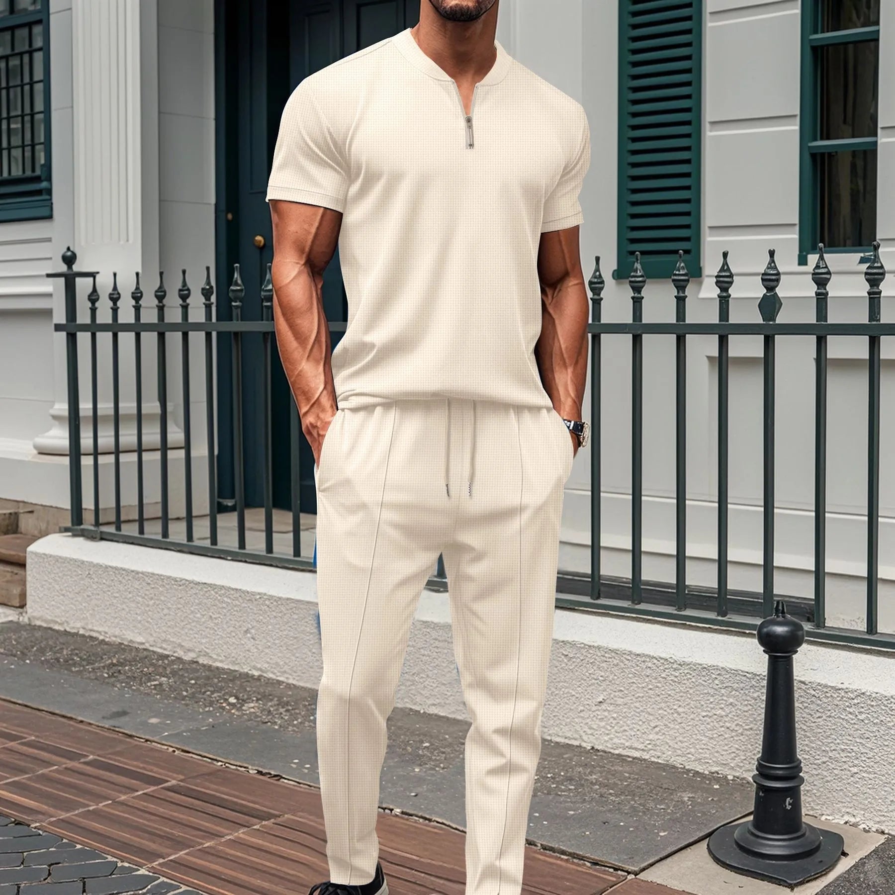 Waffle Zipper Polo Shirt Trousers Set