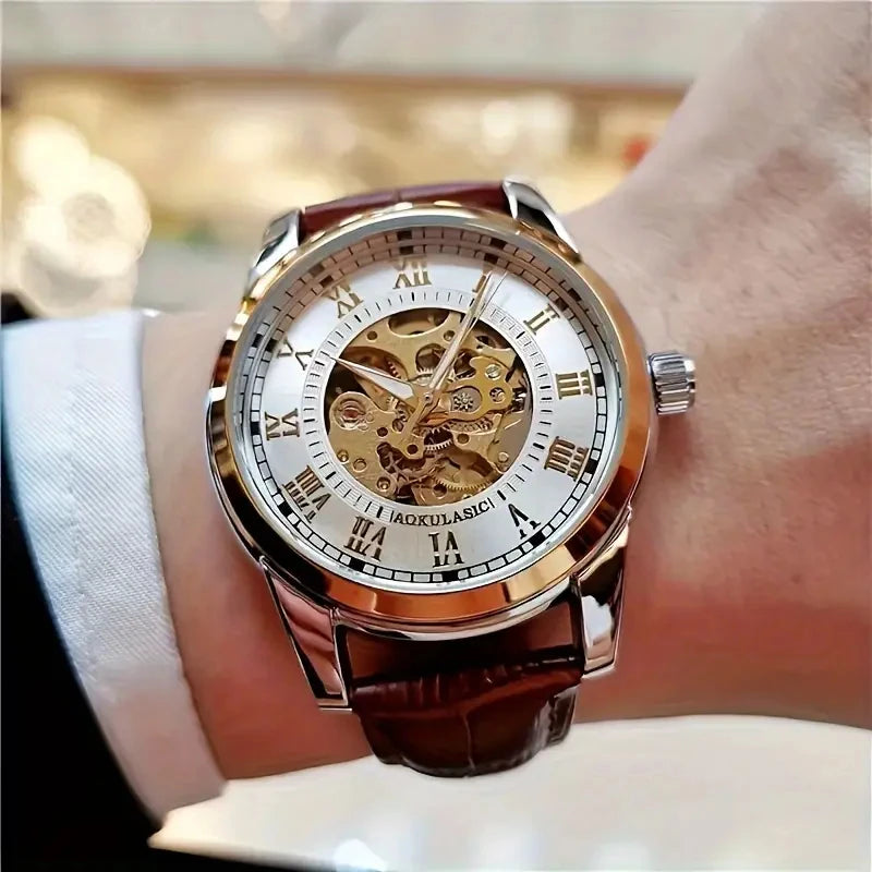 AOKULASIC Skeleton Leather Automatic Watch