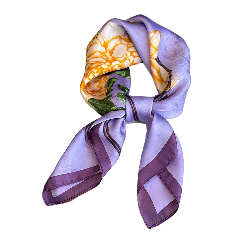 Purple Floral Satin Square Scarf