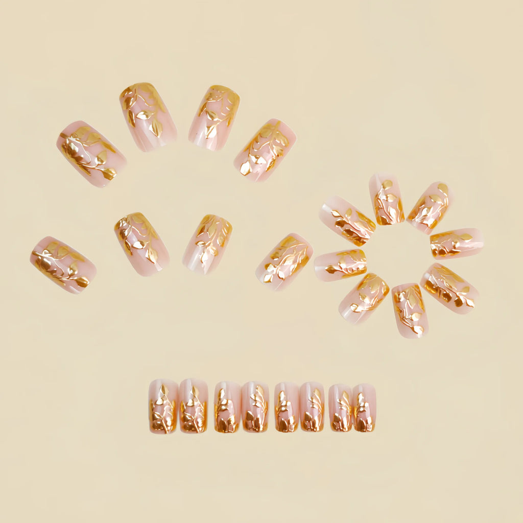 Short Medium fake nails golden