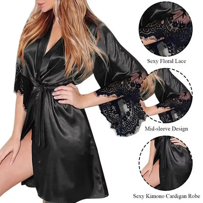 Women's Sexy Silky Satin Night Gown Robe with G-String