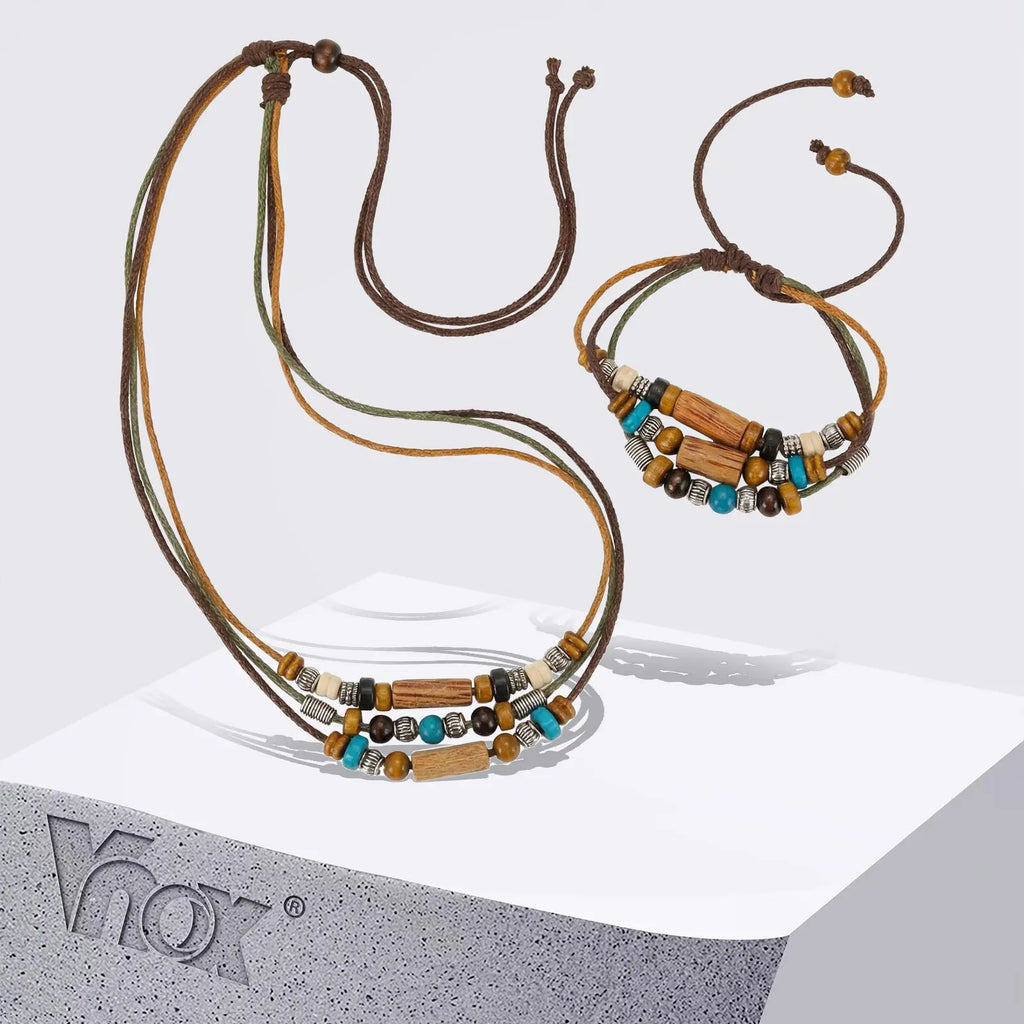 Vnox Wood Bead Necklace Set