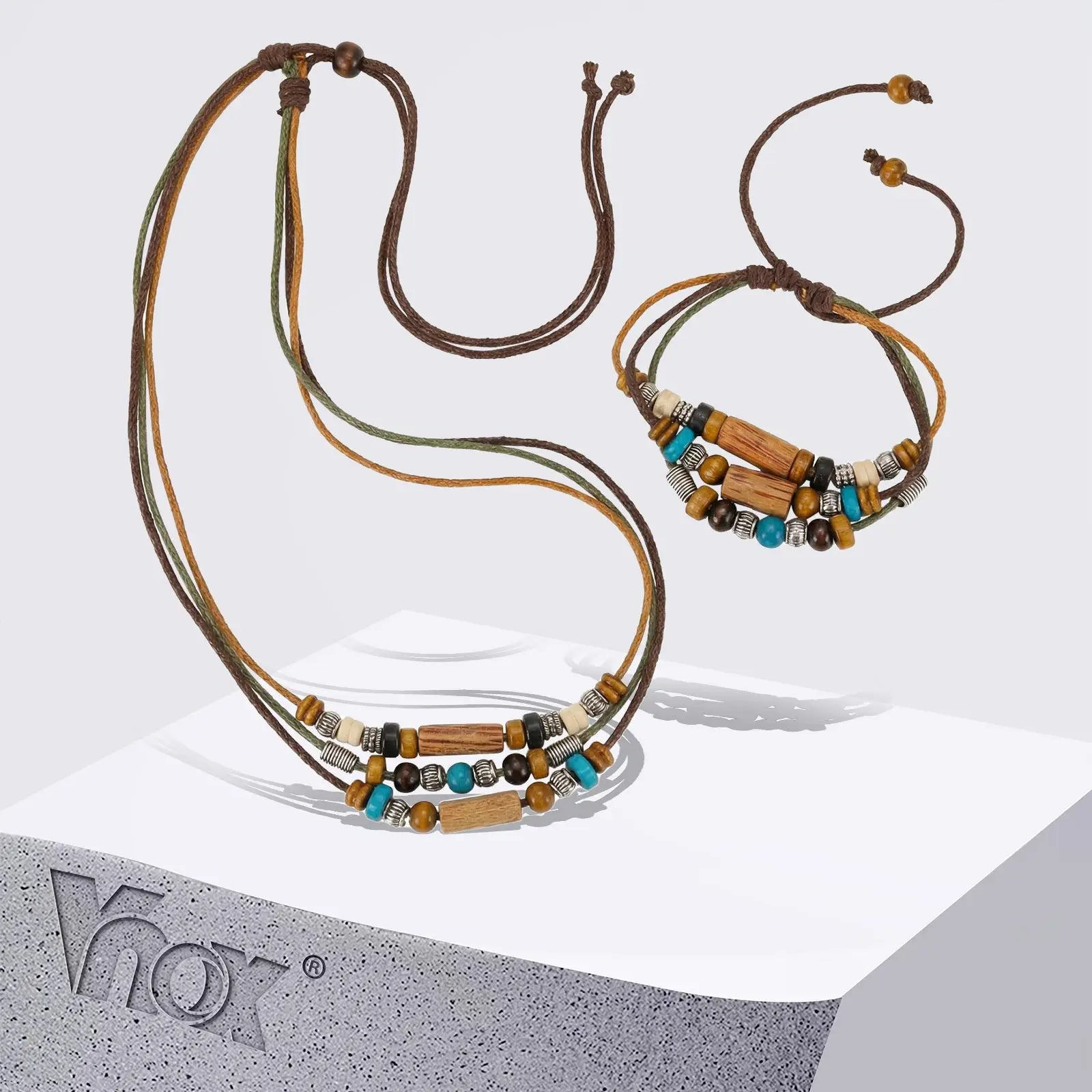 Vnox Wood Bead Necklace Set