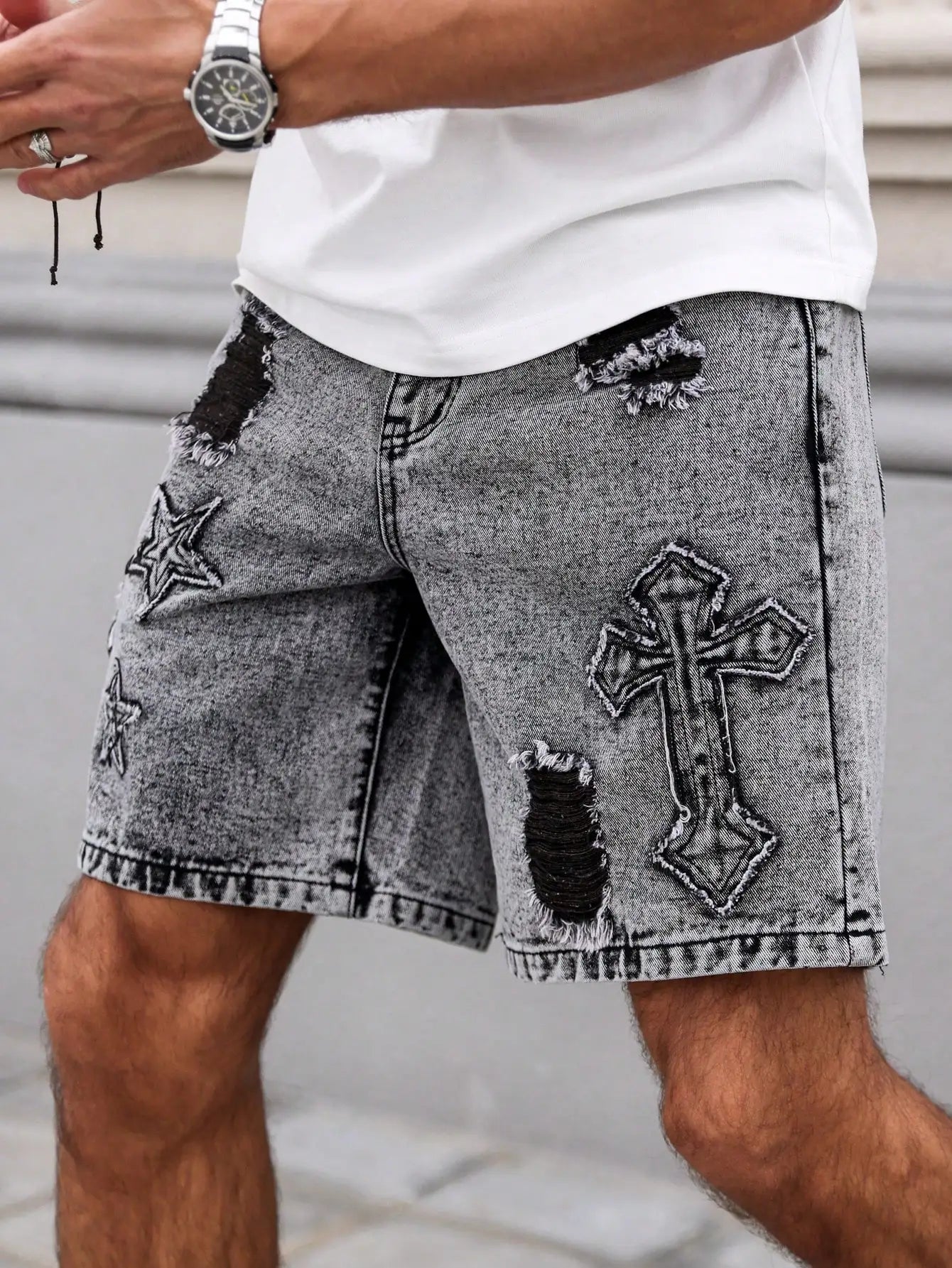 Ripped Straight Denim Shorts