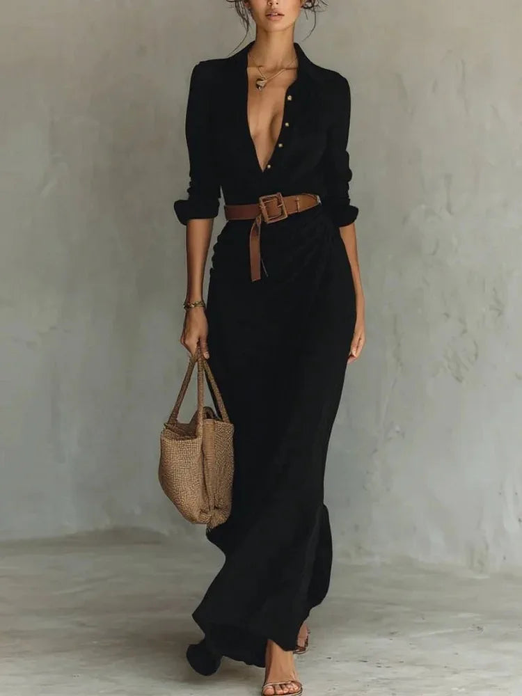 Deep V-Neck Belted Long Dress