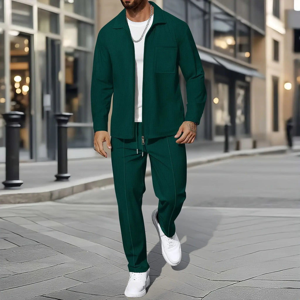 Waffle Zip Shirt Coat Trousers Set