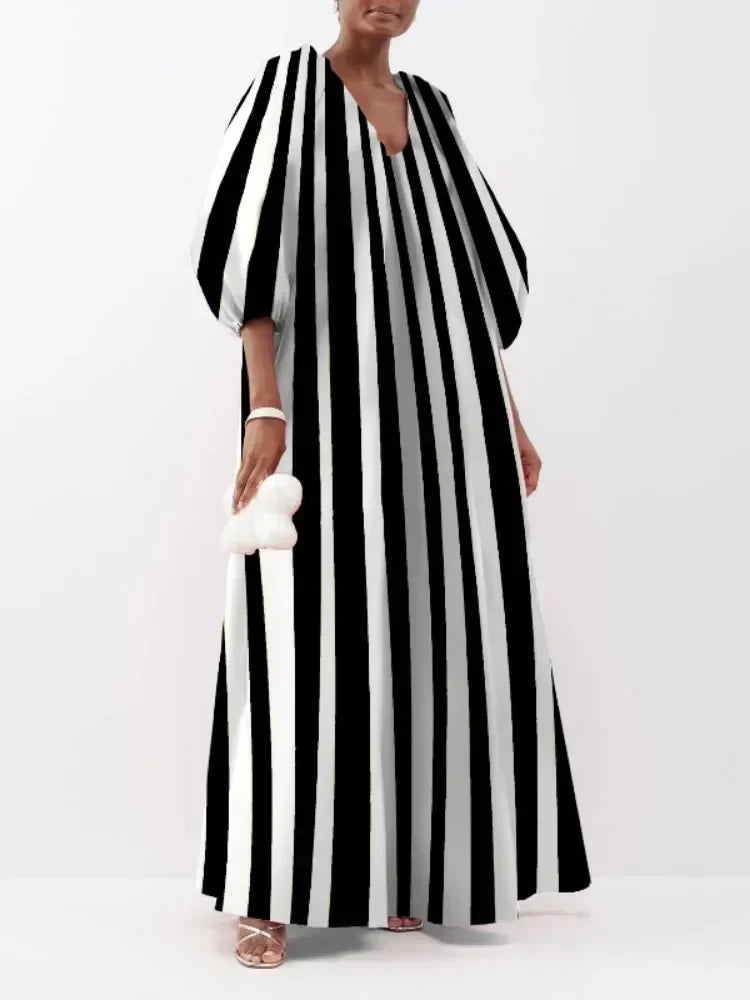 Striped Puff Sleeve Maxi Dress