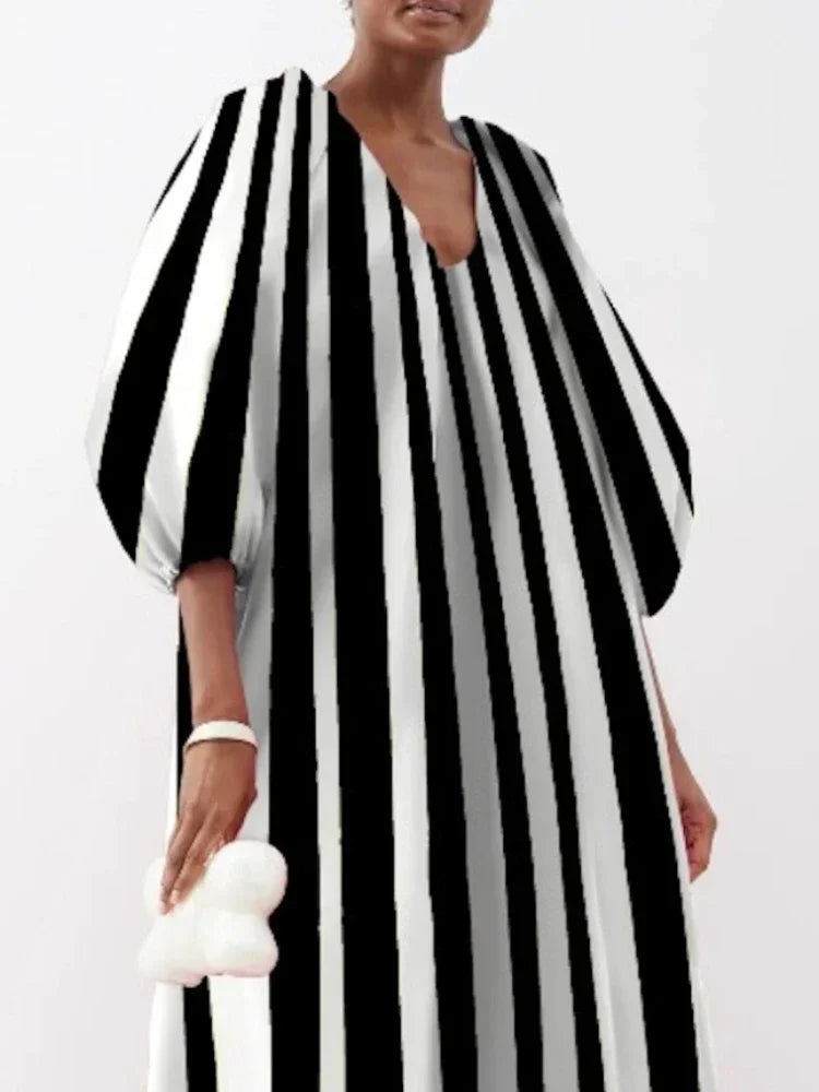 Striped Puff Sleeve Maxi Dress