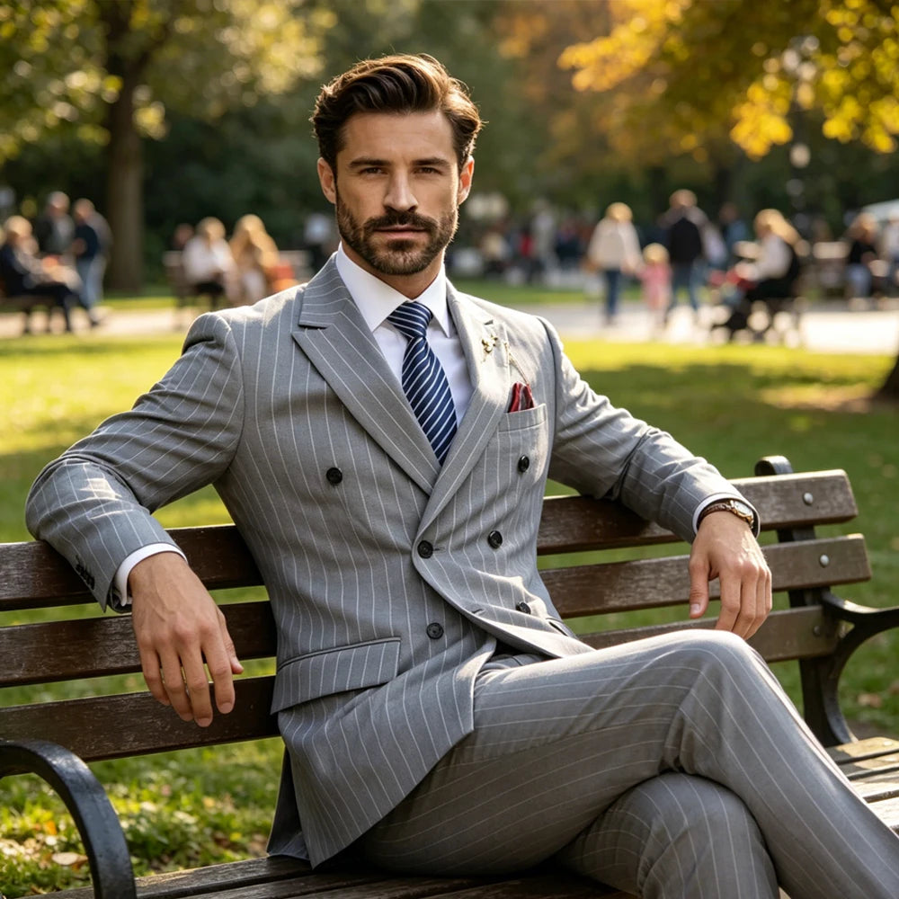 Pinstripe Double-Breasted Peak-Lapel Suit