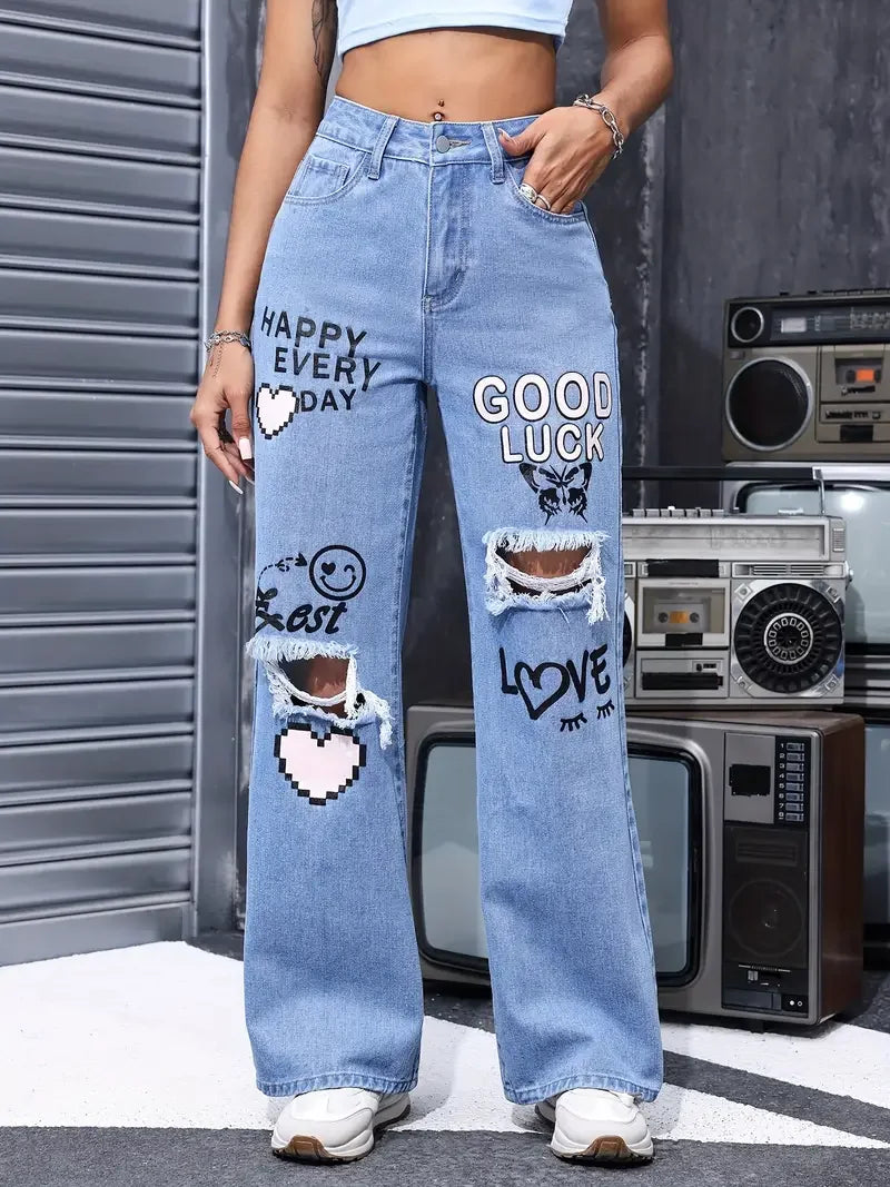 High Waist Ripped Straight Jeans