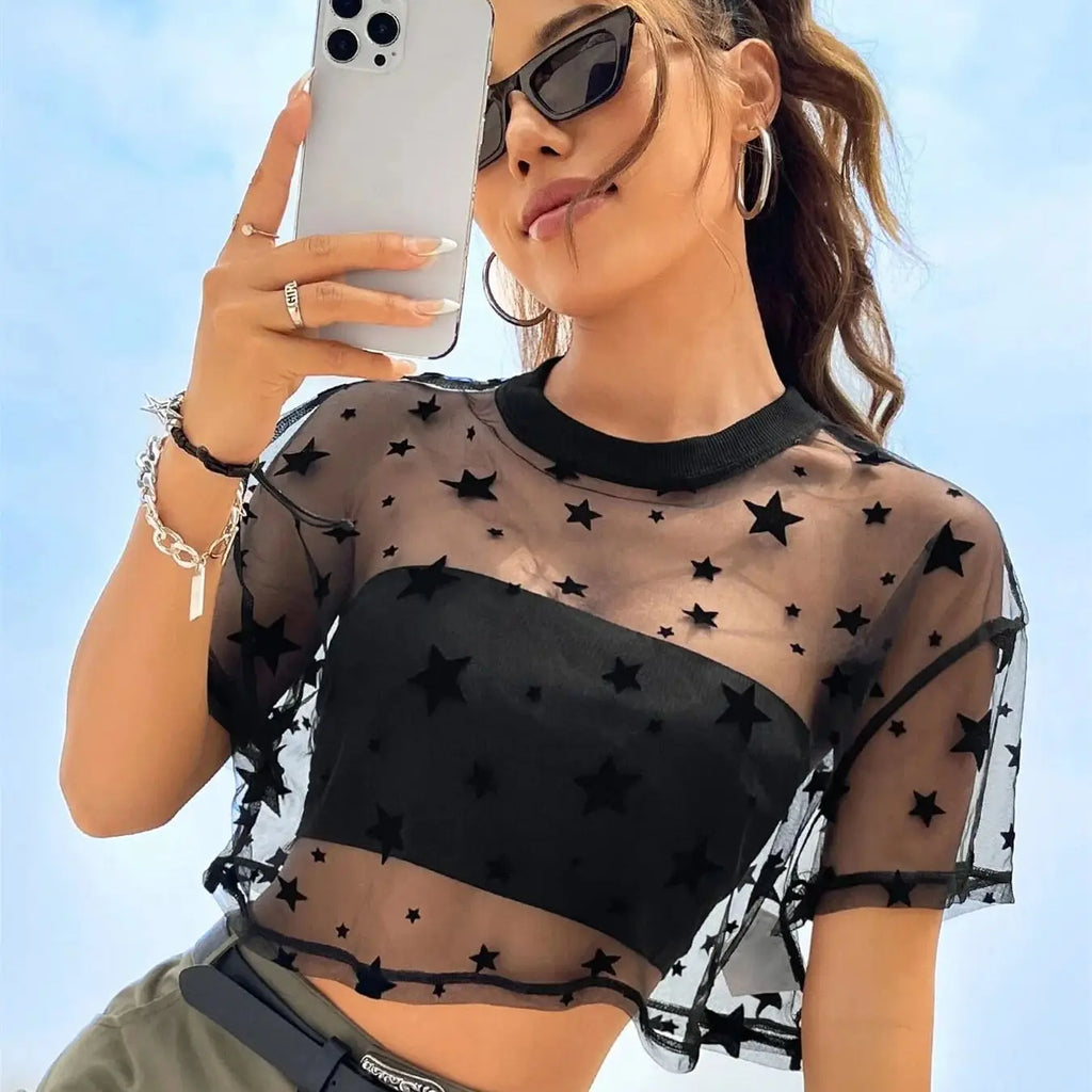 Heart Print Sheer Mesh Crop Top