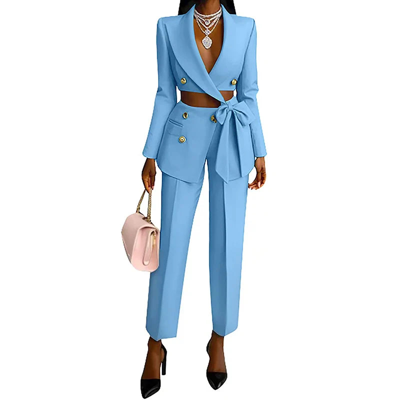 Elegant Lapel Bow Blazer Pant Set