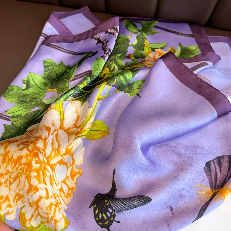 Purple Floral Satin Square Scarf