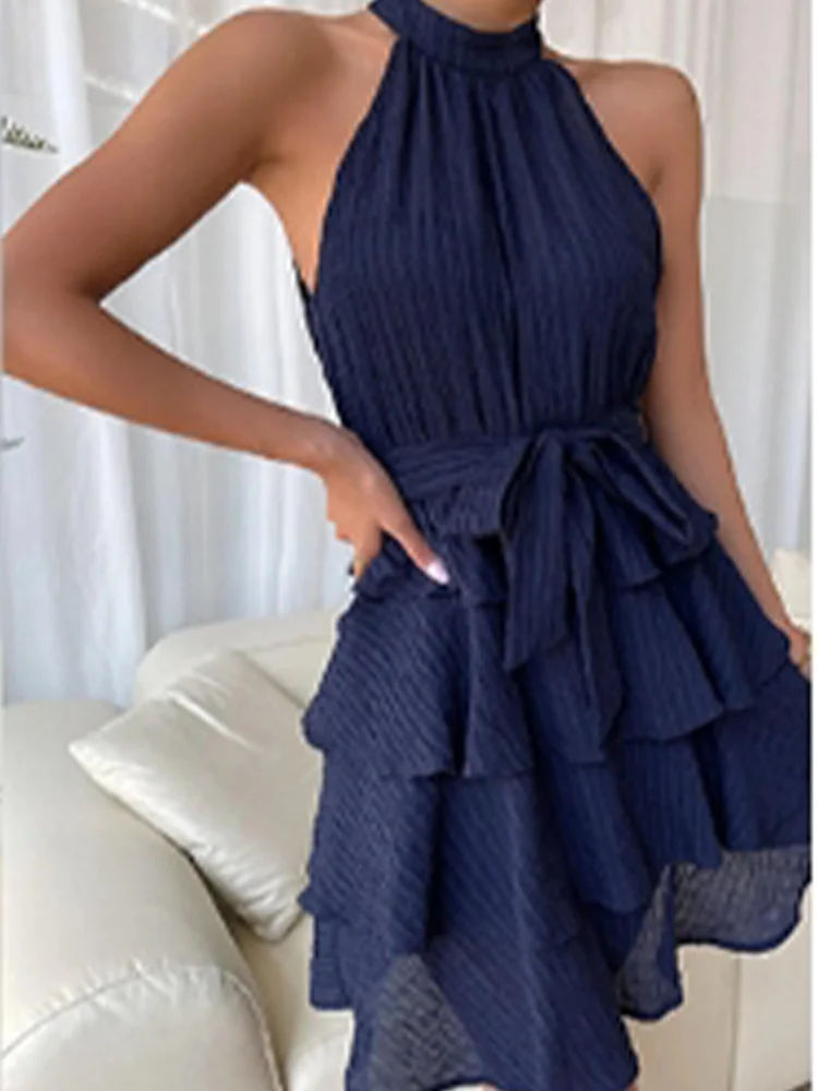 Stylish Sleeveless Shoulder Multi-Layered Ruffle Dress