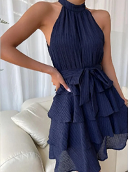 Stylish Sleeveless Shoulder Multi-Layered Ruffle Dress