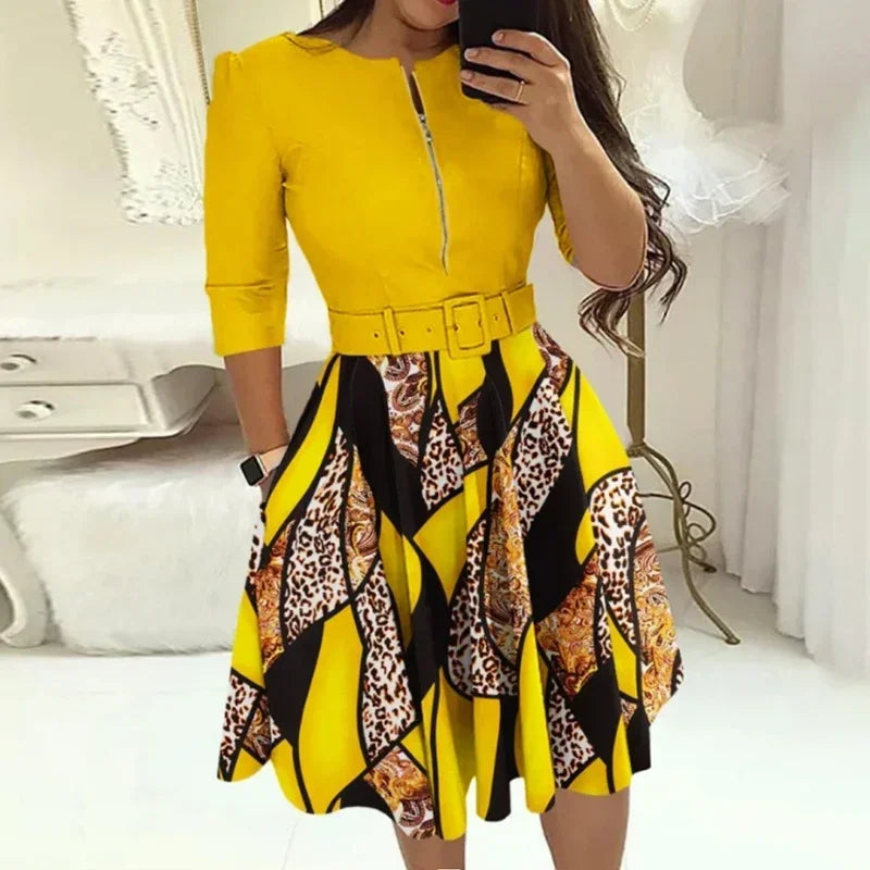 Patchwork A-Line Belt Dress