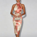 Floral Satin Halter Bodycon Dress