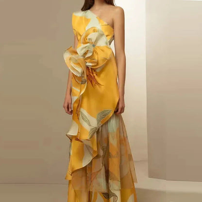 Diagonal Collar Long Dress