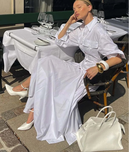 White Lapel Button Maxi Dress