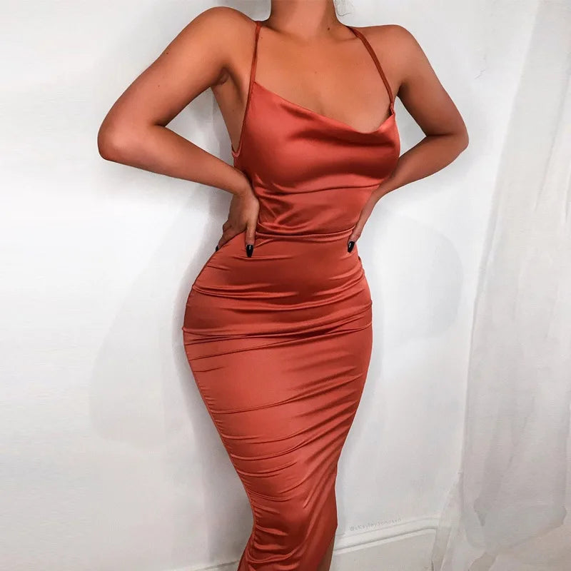 Satin Lace-Up Bodycon Midi Dress