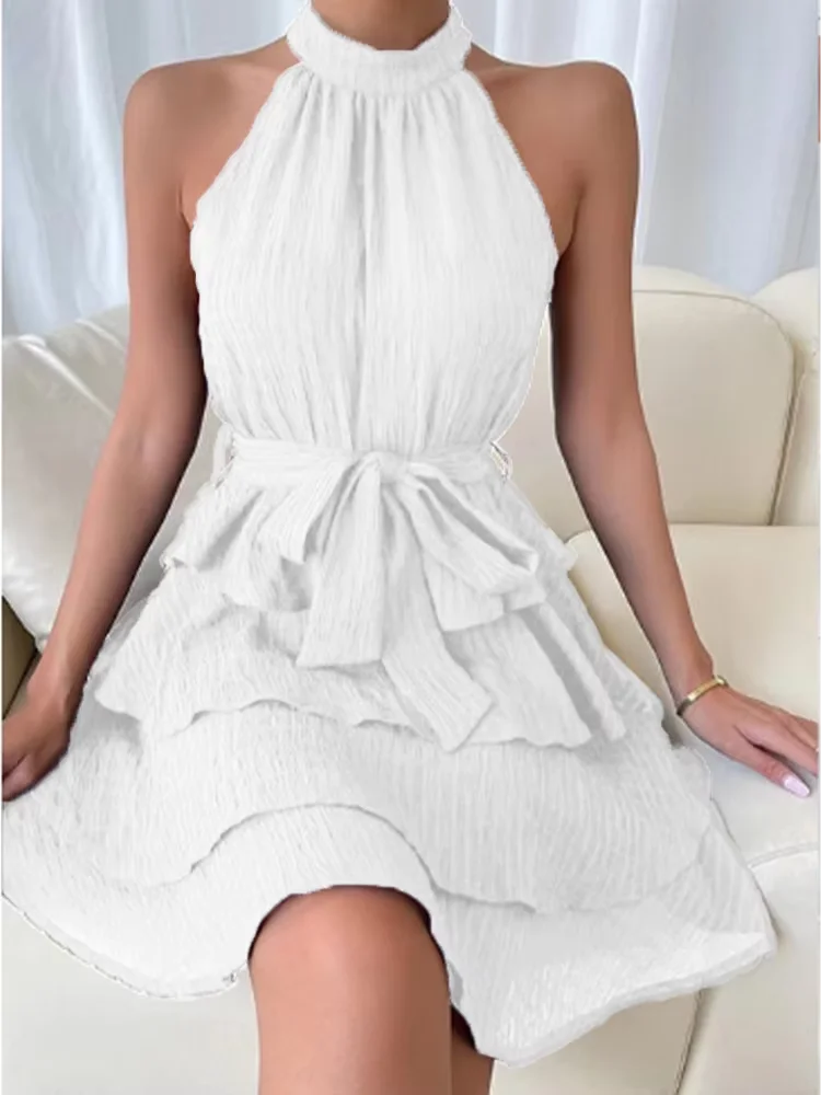 Stylish Sleeveless Shoulder Multi-Layered Ruffle Dress