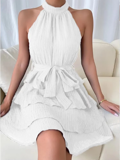 Stylish Sleeveless Shoulder Multi-Layered Ruffle Dress