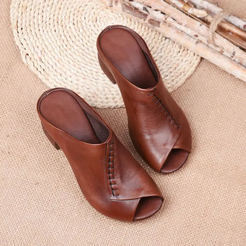 Thick-Heeled Leather Sandals